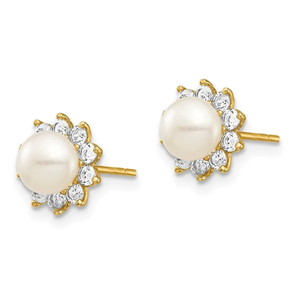 Madi K Kid's 14k  5-6mm White Button Freshwater Cultured Pearl CZ Post Earrings