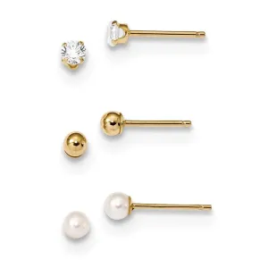 Madi K Kid's 14k  Ball, CZ & Freshwater Cultured Pearl 3 Pair Earring Set