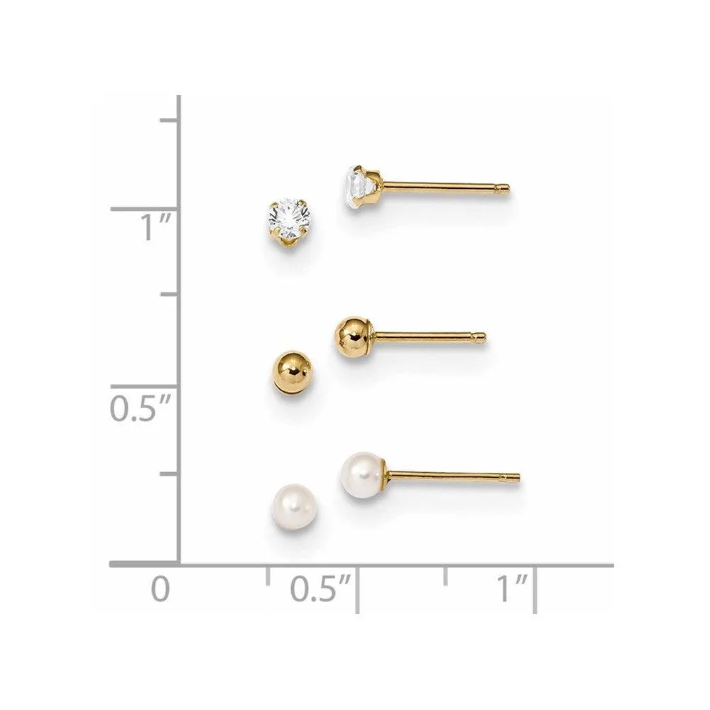 Madi K Kid's 14k  Ball, CZ & Freshwater Cultured Pearl 3 Pair Earring Set