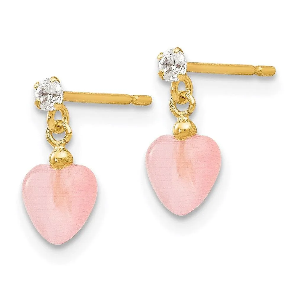Madi K Kid's 14k  CZ and Pink Cat's Eye Heart Dangle Post Earrings