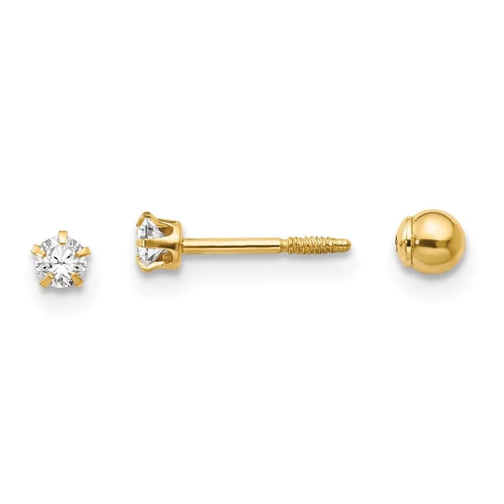 Madi K Kid's 14k  Polished Reversible Crystal & 3mm Ball Earrings