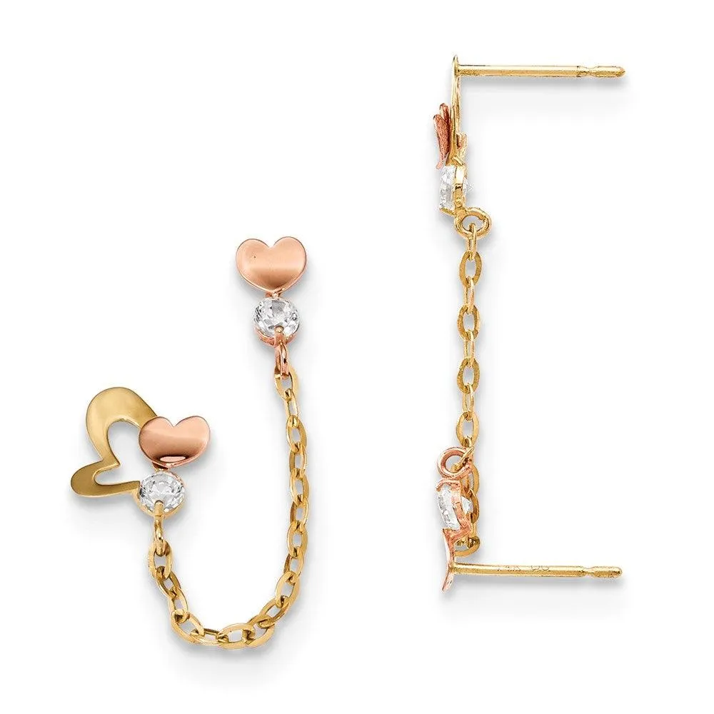 Madi K Kid's 14k  Two-tone CZ Double Post w/Chain Heart Earring