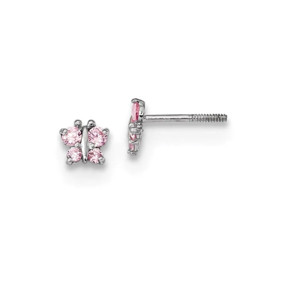 Madi K Kid's 14k White Gold  Polished Pink CZ Butterfly Post Earrings