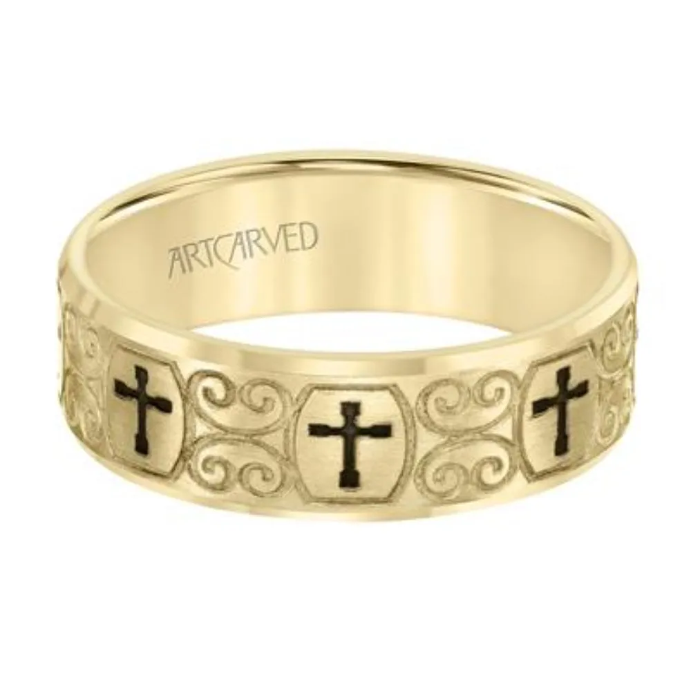 Men's 14k 7mm Engraved Cross & Scroll Wedding Band