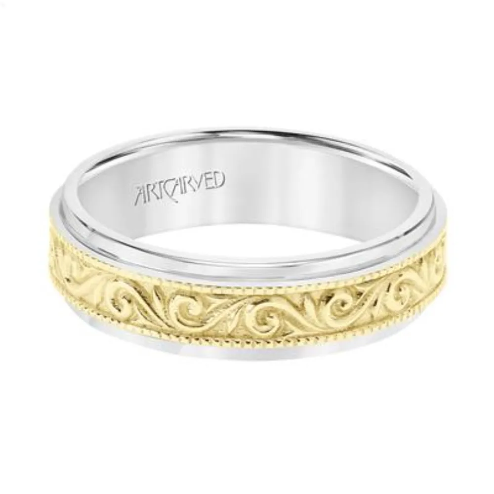 Men's 14k Two-Tone Carved Wedding Band with Paisley Design