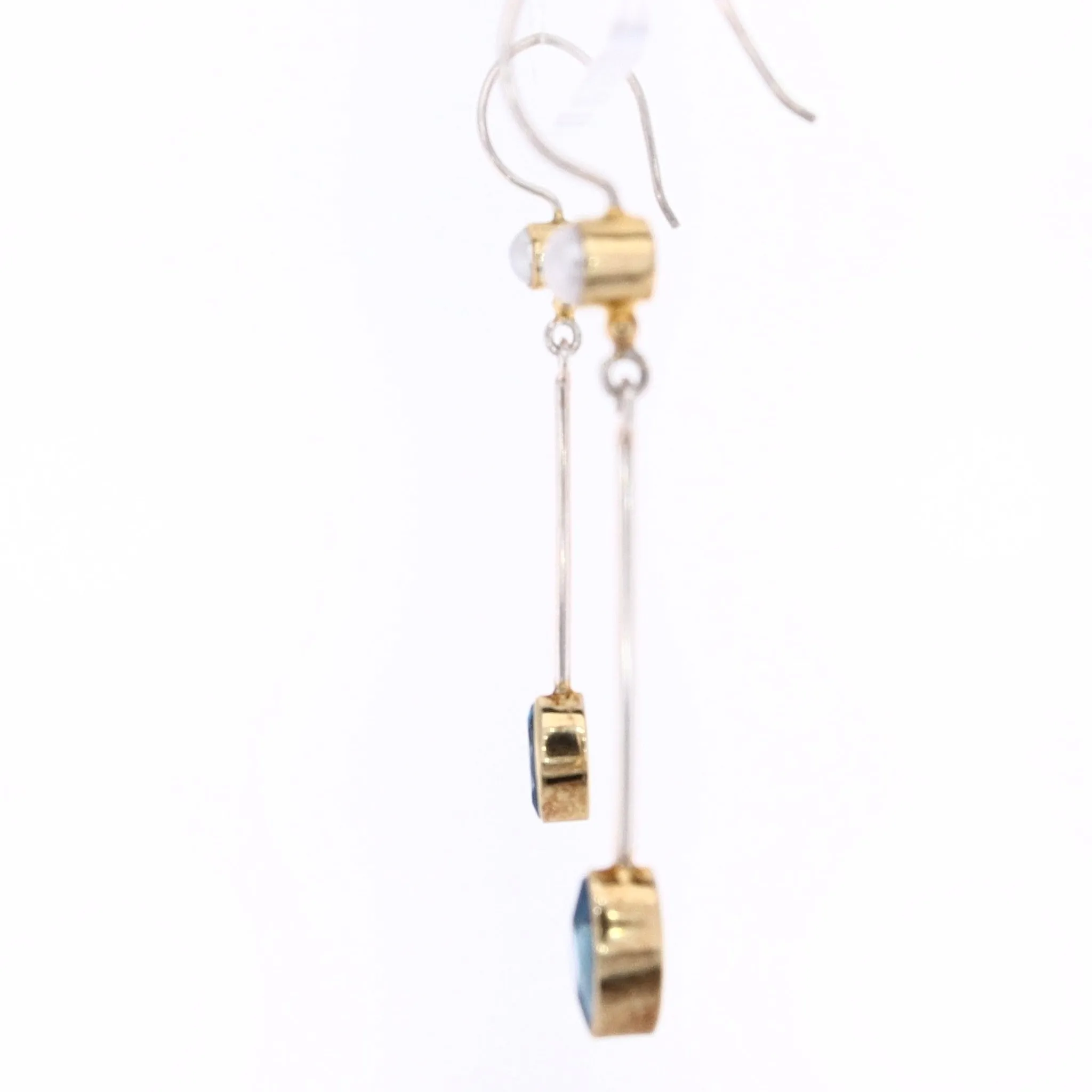 Michou Two-Tone Vermeil Marquis Shape Blue Topaz and Pearl Drop Earrings