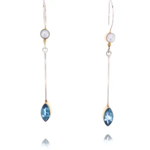 Michou Two-Tone Vermeil Marquis Shape Blue Topaz and Pearl Drop Earrings
