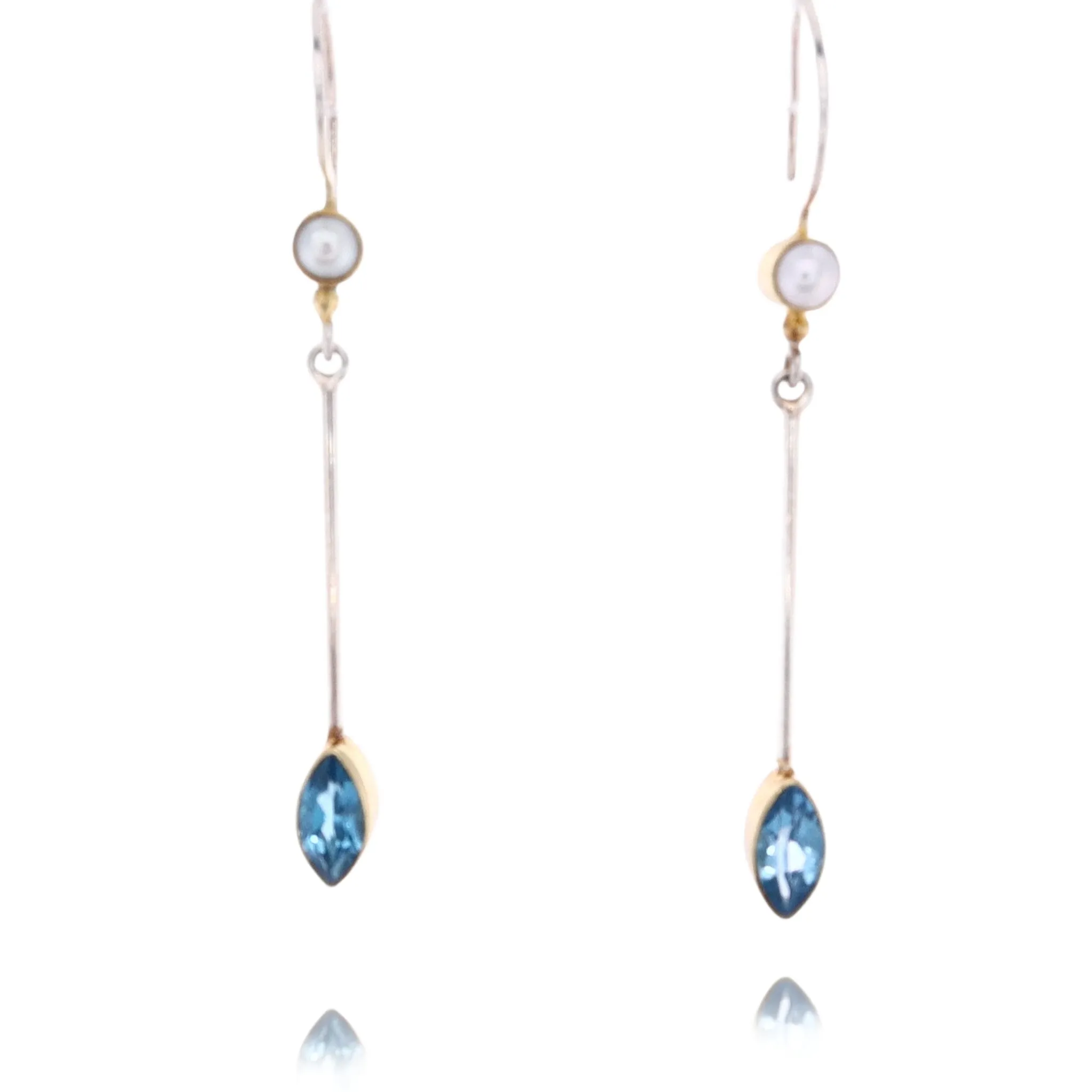 Michou Two-Tone Vermeil Marquis Shape Blue Topaz and Pearl Drop Earrings
