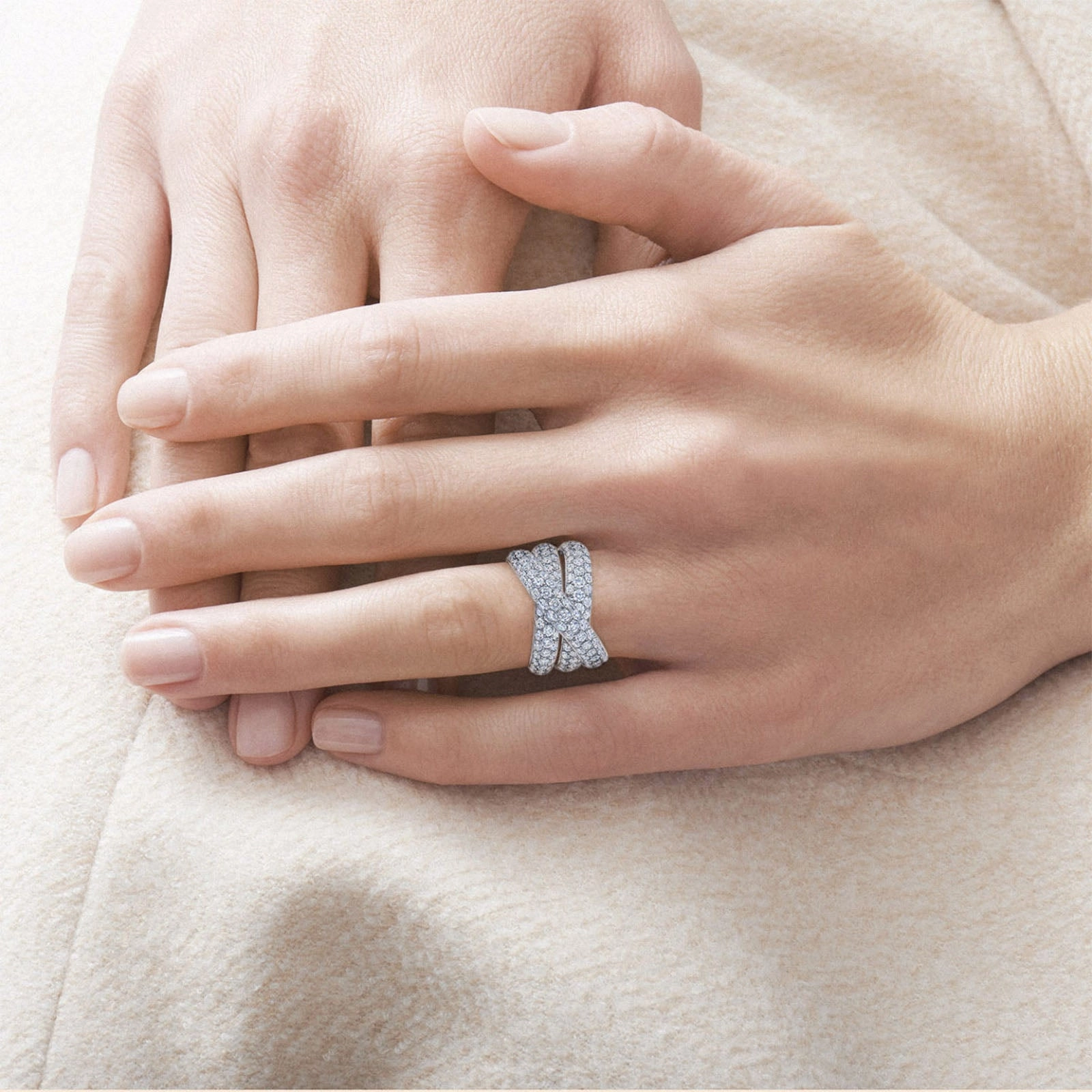 Moonlight Three-Row Crossover Ring with Pav Diamonds