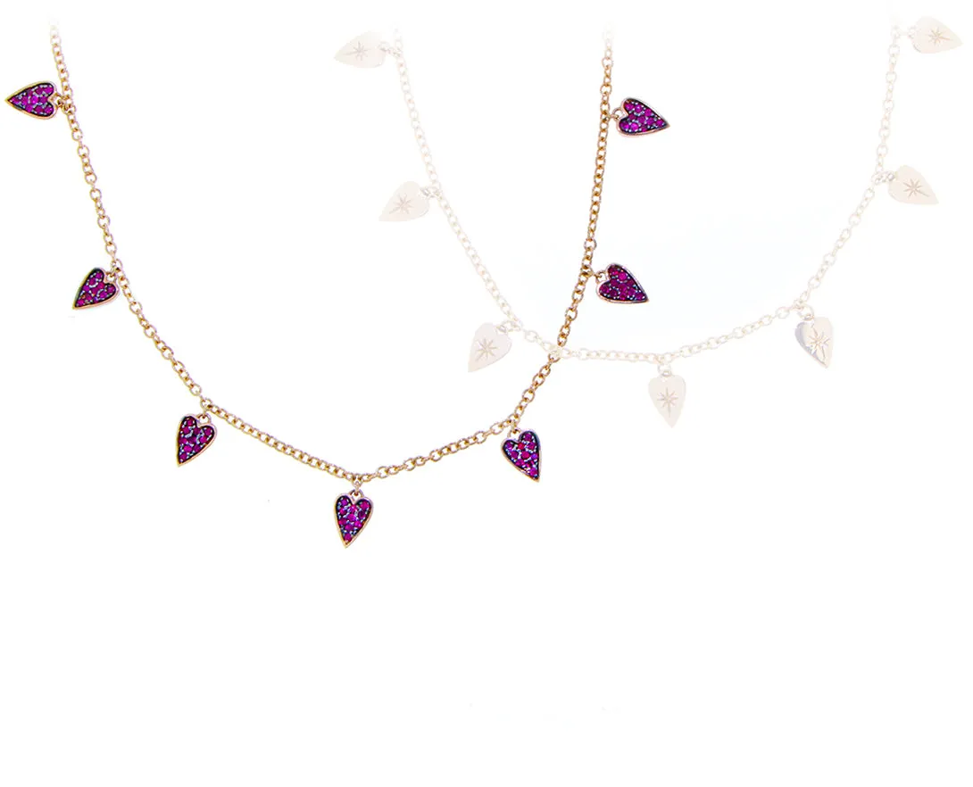 Necklace with 7 yellow 9K or ruby heart charms