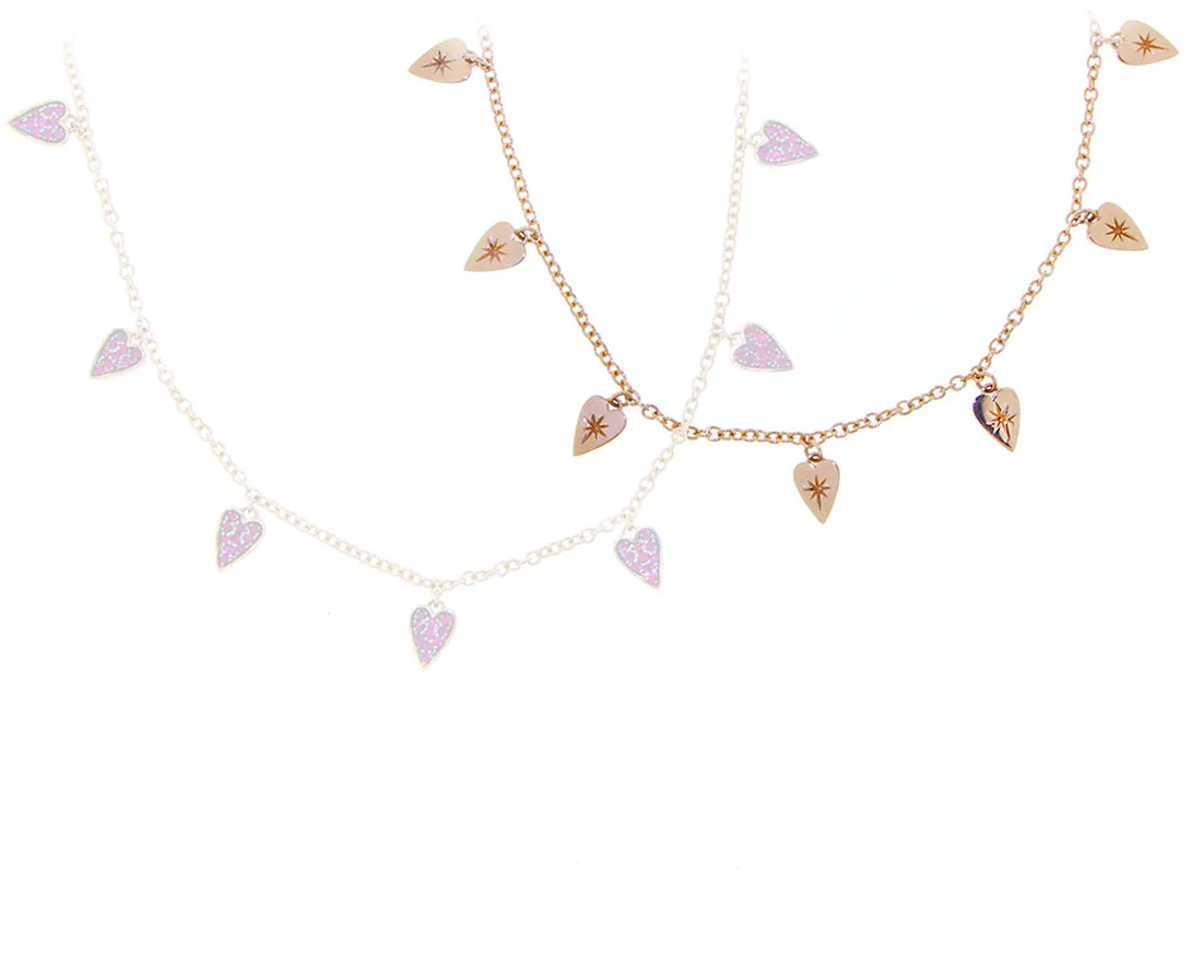 Necklace with 7 yellow 9K or ruby heart charms