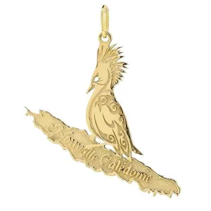 Pendentif carte de Caldonie et cagou en or jaune.