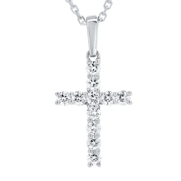 Pendentif croix en or blanc serti de diamants.
