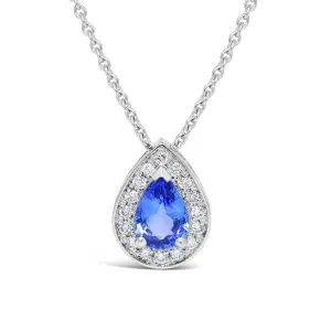 Pendentif en or blanc serti d'un saphir bleu et de diamants.
