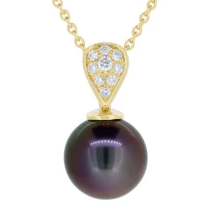 Pendentif en or jaune serti de diamants et d'une perle de Tahiti 9.6mm/ 10.5mm