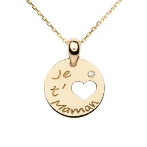 Pendentif Je t'aime maman en or jaune serti d'un diamant.