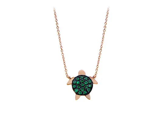 Pink gold necklace with turtle set with tsavorites