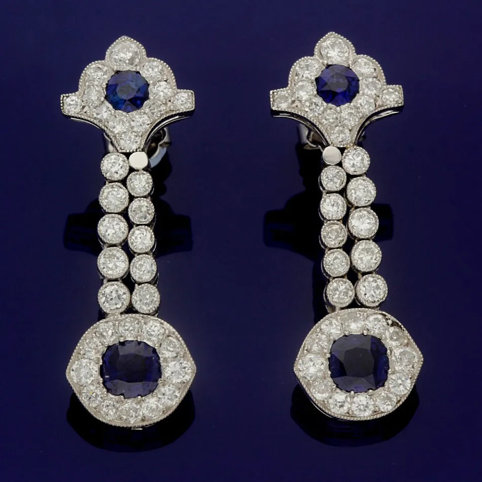 Platinum Art Deco Handmade 1930s Sapphire and Diamond Drop Earrings