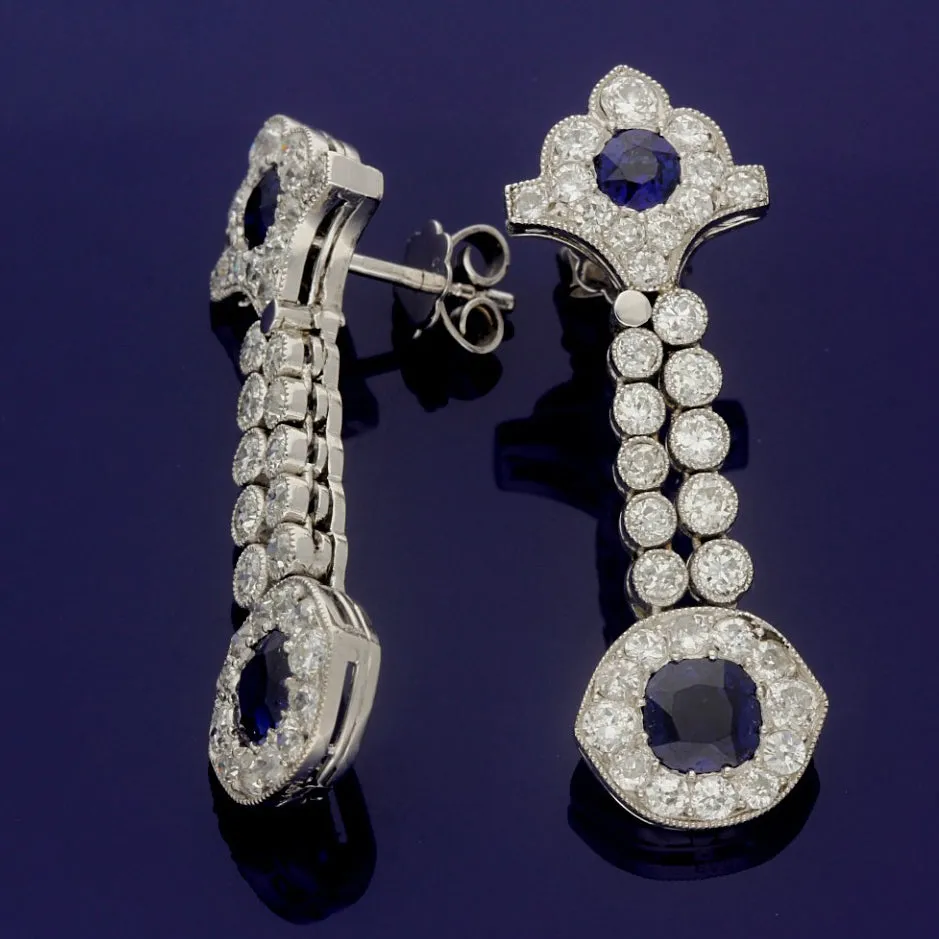 Platinum Art Deco Handmade 1930s Sapphire and Diamond Drop Earrings