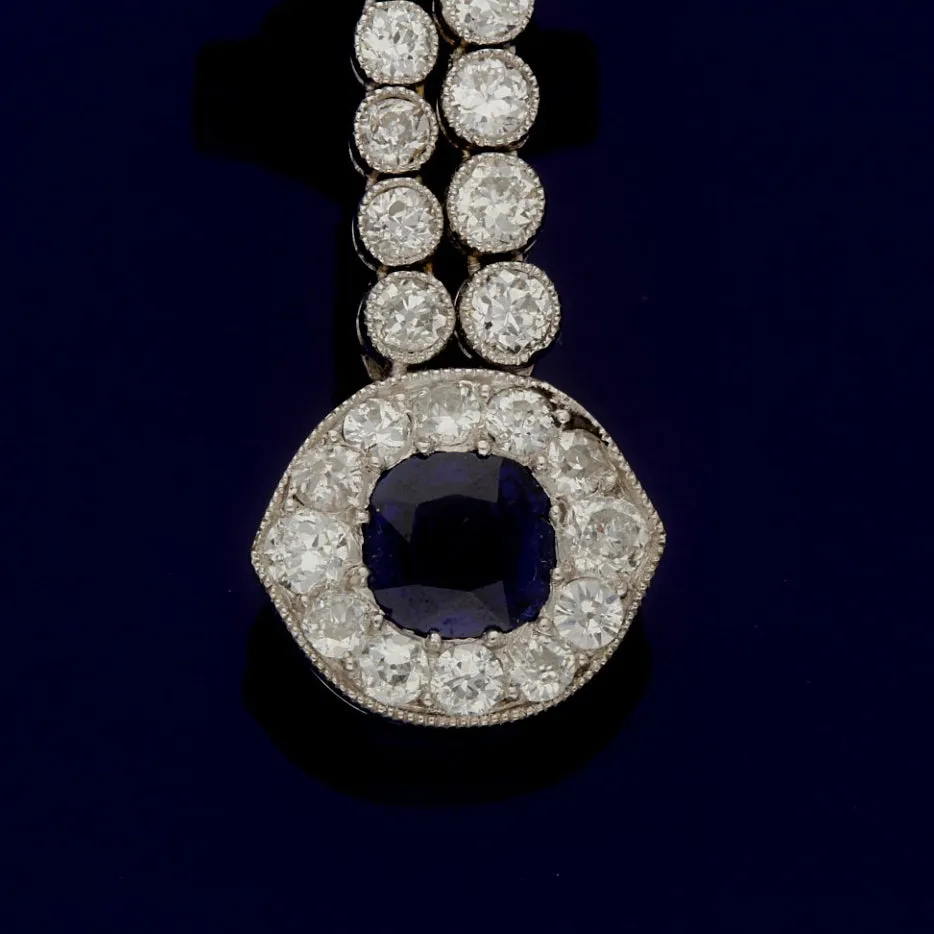 Platinum Art Deco Handmade 1930s Sapphire and Diamond Drop Earrings