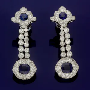 Platinum Art Deco Handmade 1930s Sapphire and Diamond Drop Earrings