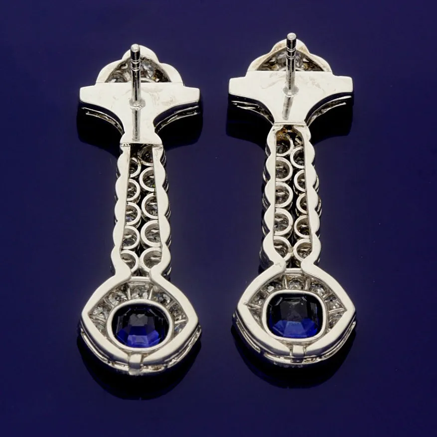 Platinum Art Deco Handmade 1930s Sapphire and Diamond Drop Earrings
