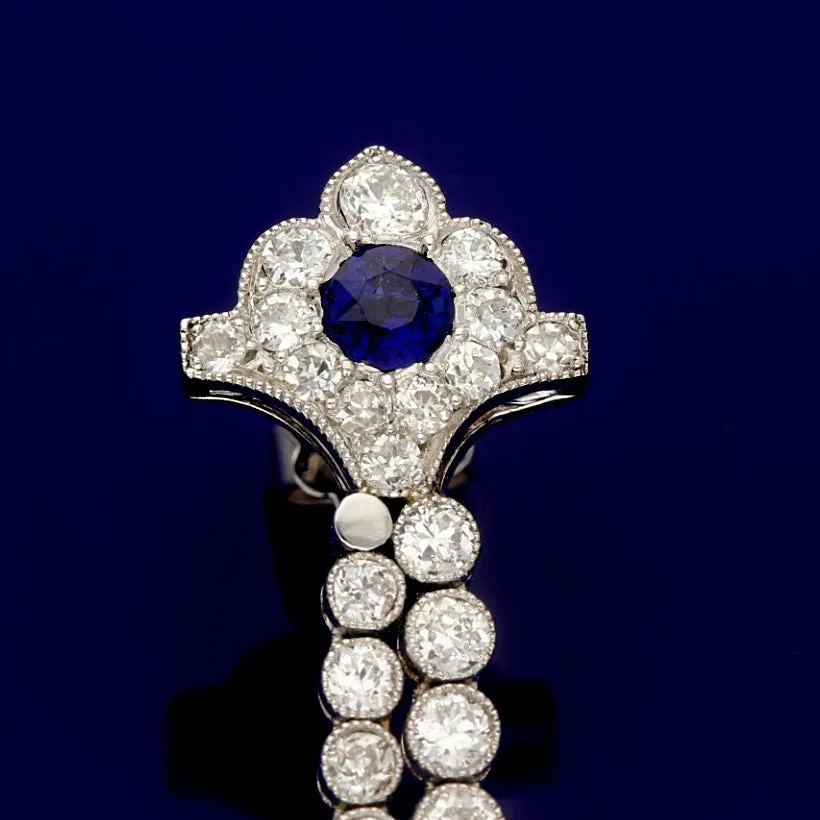 Platinum Art Deco Handmade 1930s Sapphire and Diamond Drop Earrings