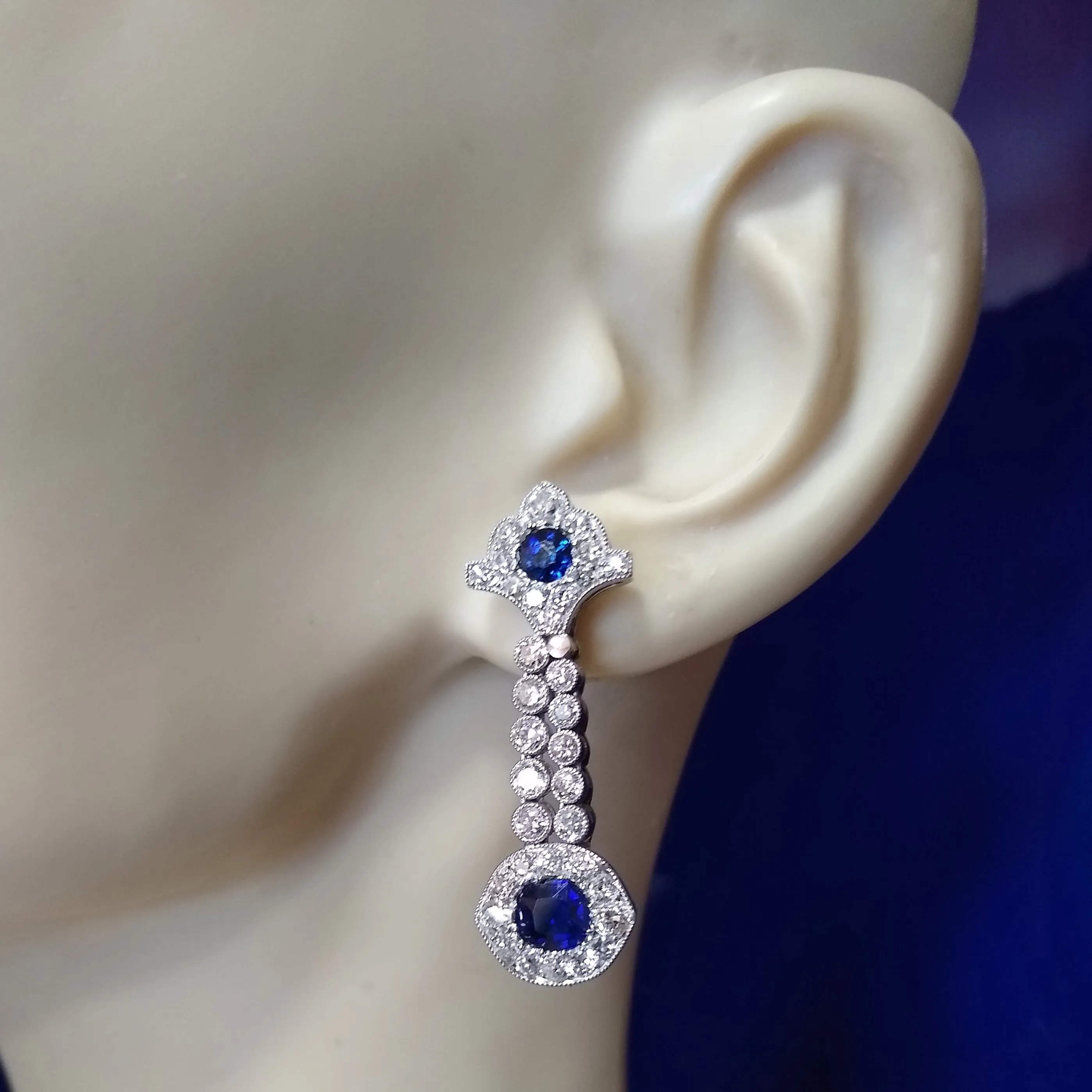 Platinum Art Deco Handmade 1930s Sapphire and Diamond Drop Earrings