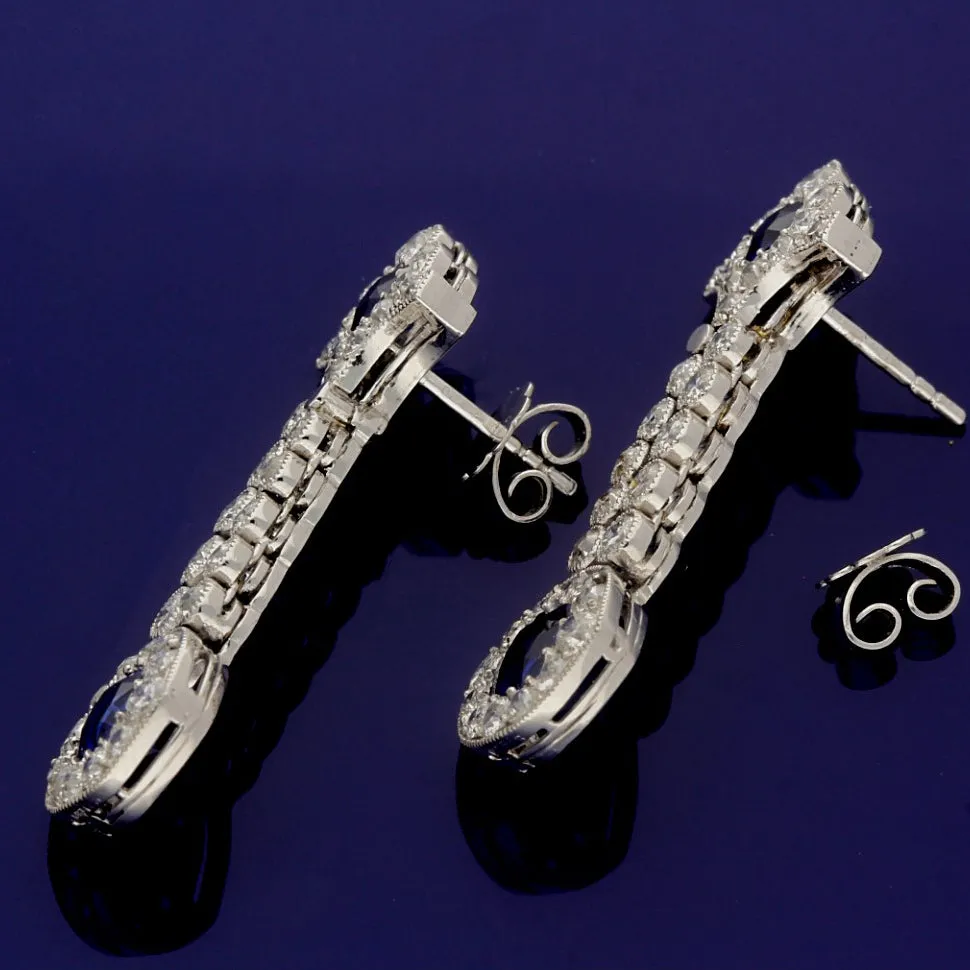 Platinum Art Deco Handmade 1930s Sapphire and Diamond Drop Earrings