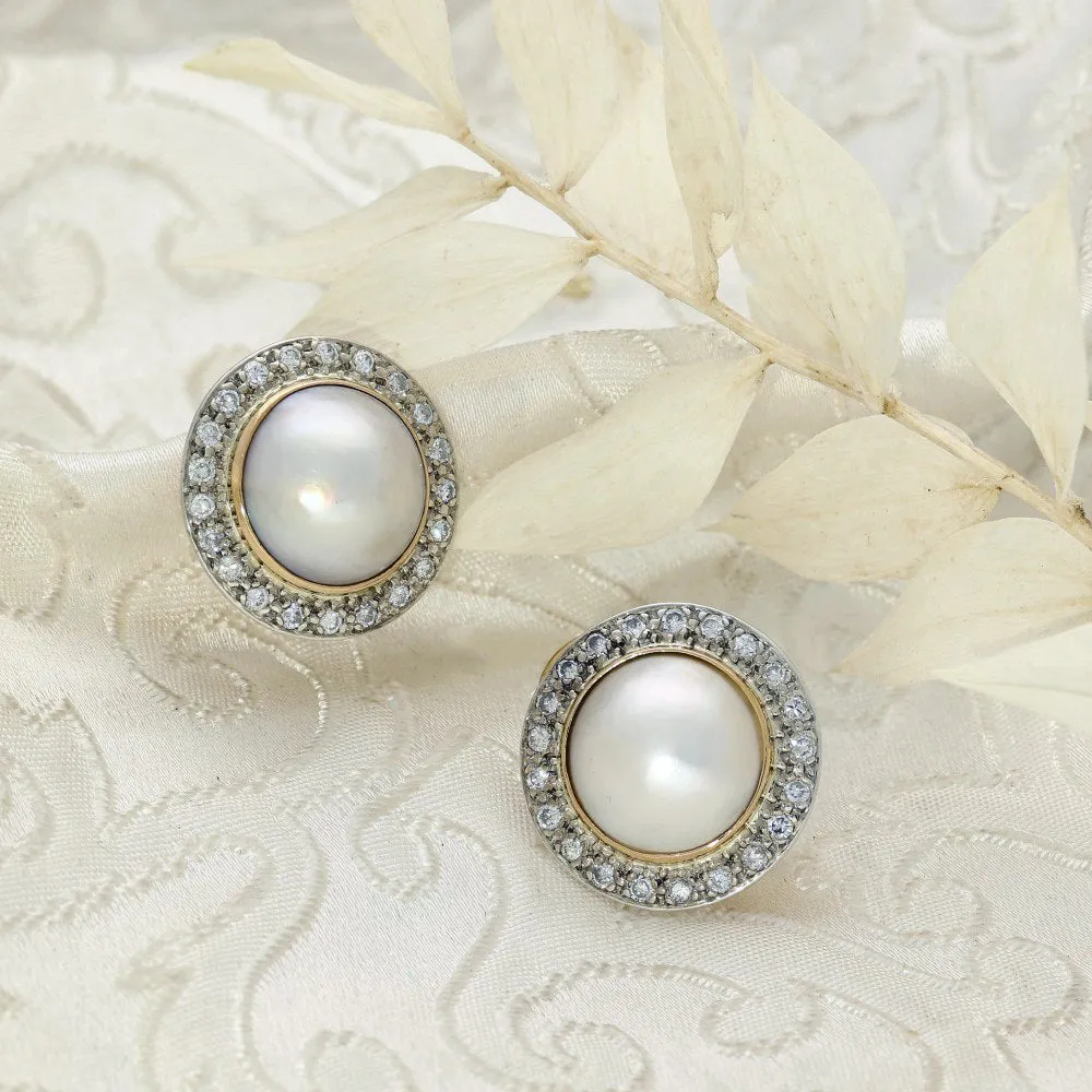 Pre-loved Large Mabe Pearl Diamond, Silver & Gold Earrings