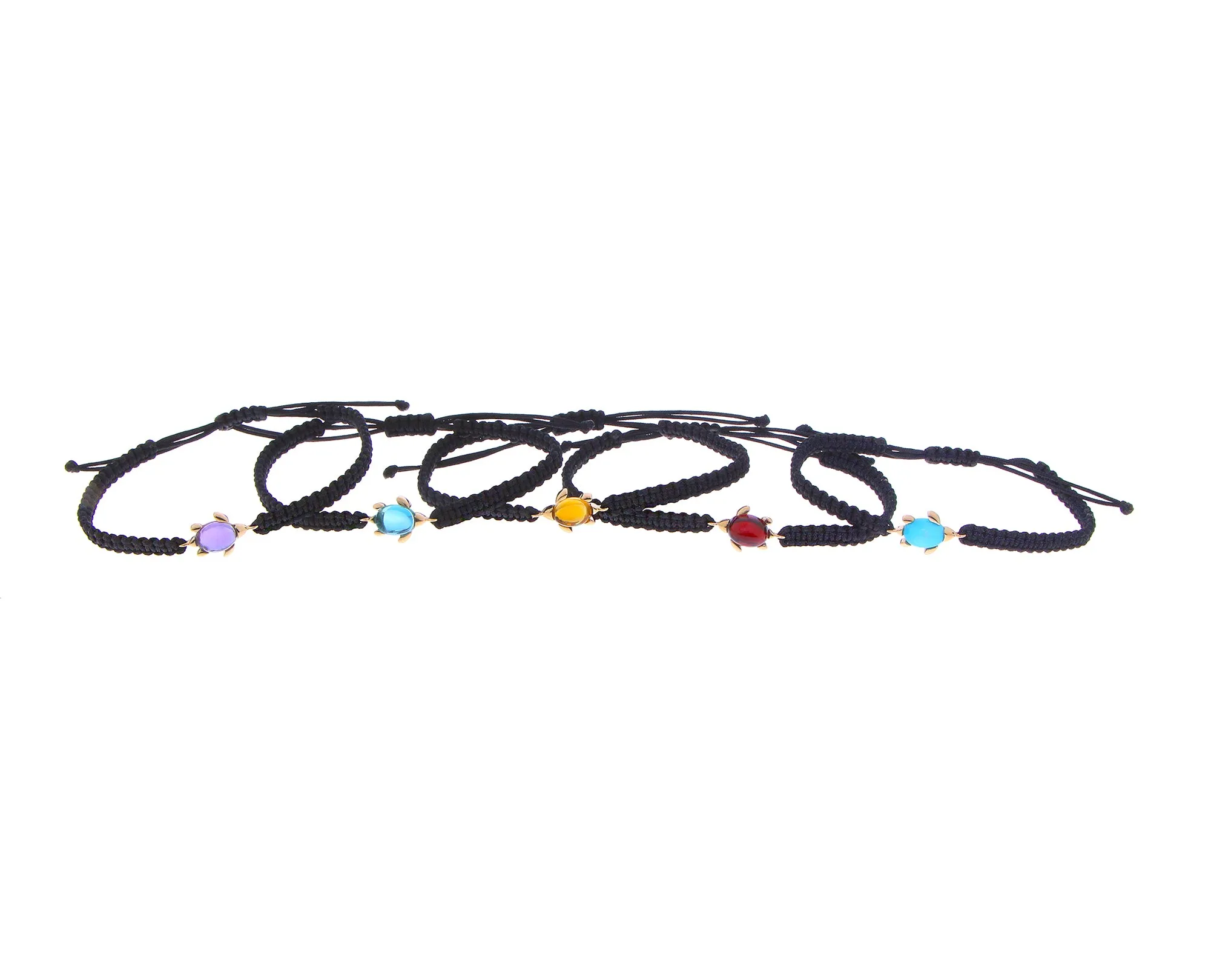 Rope bracelets with a rose gold and gemstone turtle charm
