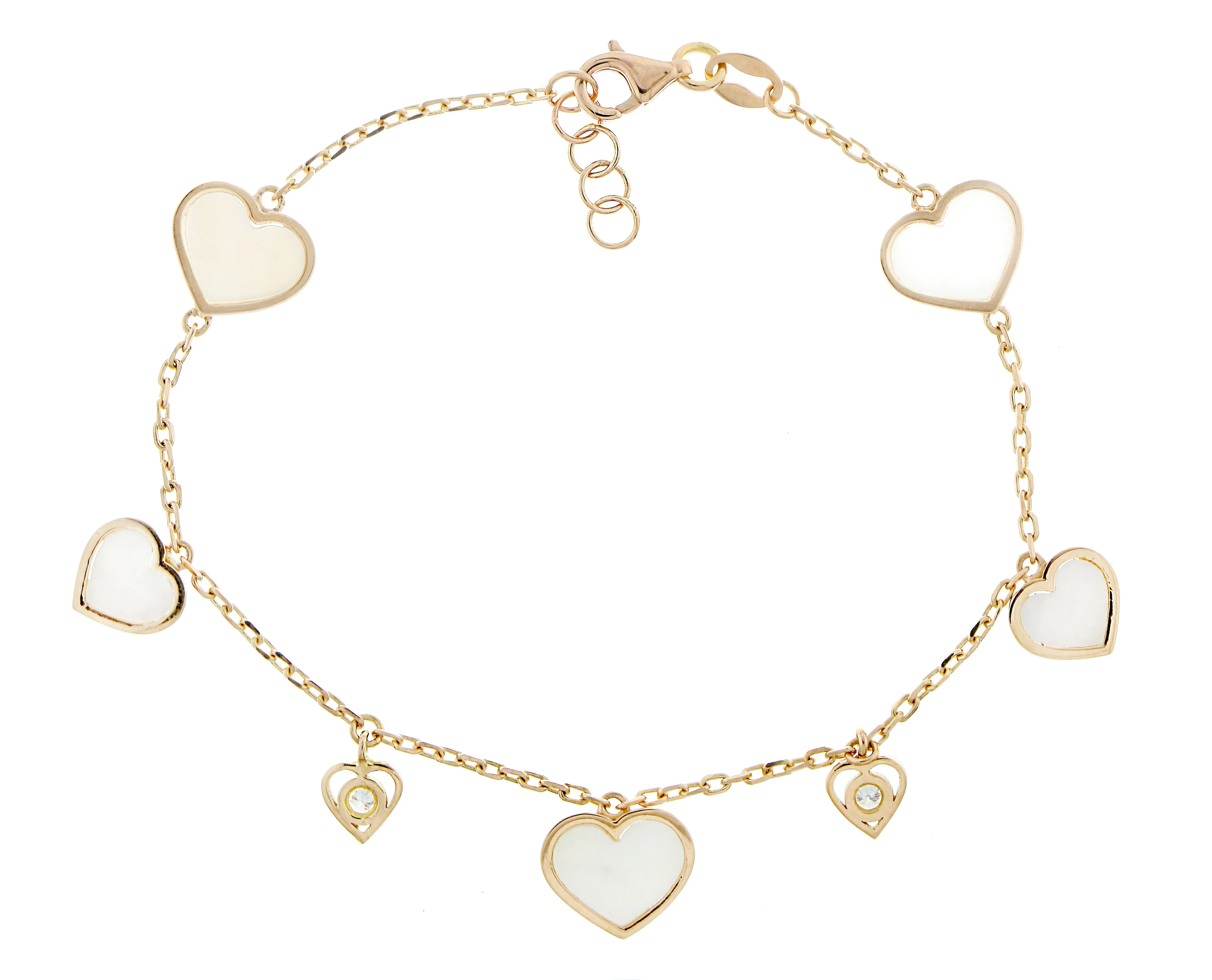 Rose gold bracelet with diamonds and white mother of pearl hearts