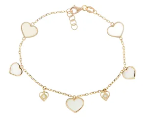 Rose gold bracelet with diamonds and white mother of pearl hearts