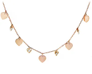 Rose gold necklace dangling hearts and diamonds