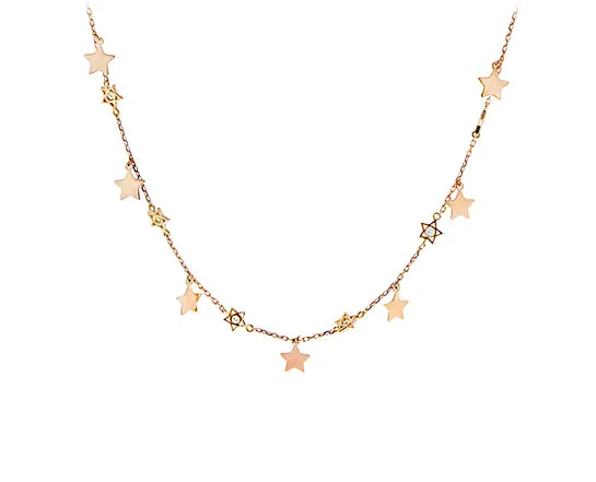 Rose gold necklace dangling stars and diamonds