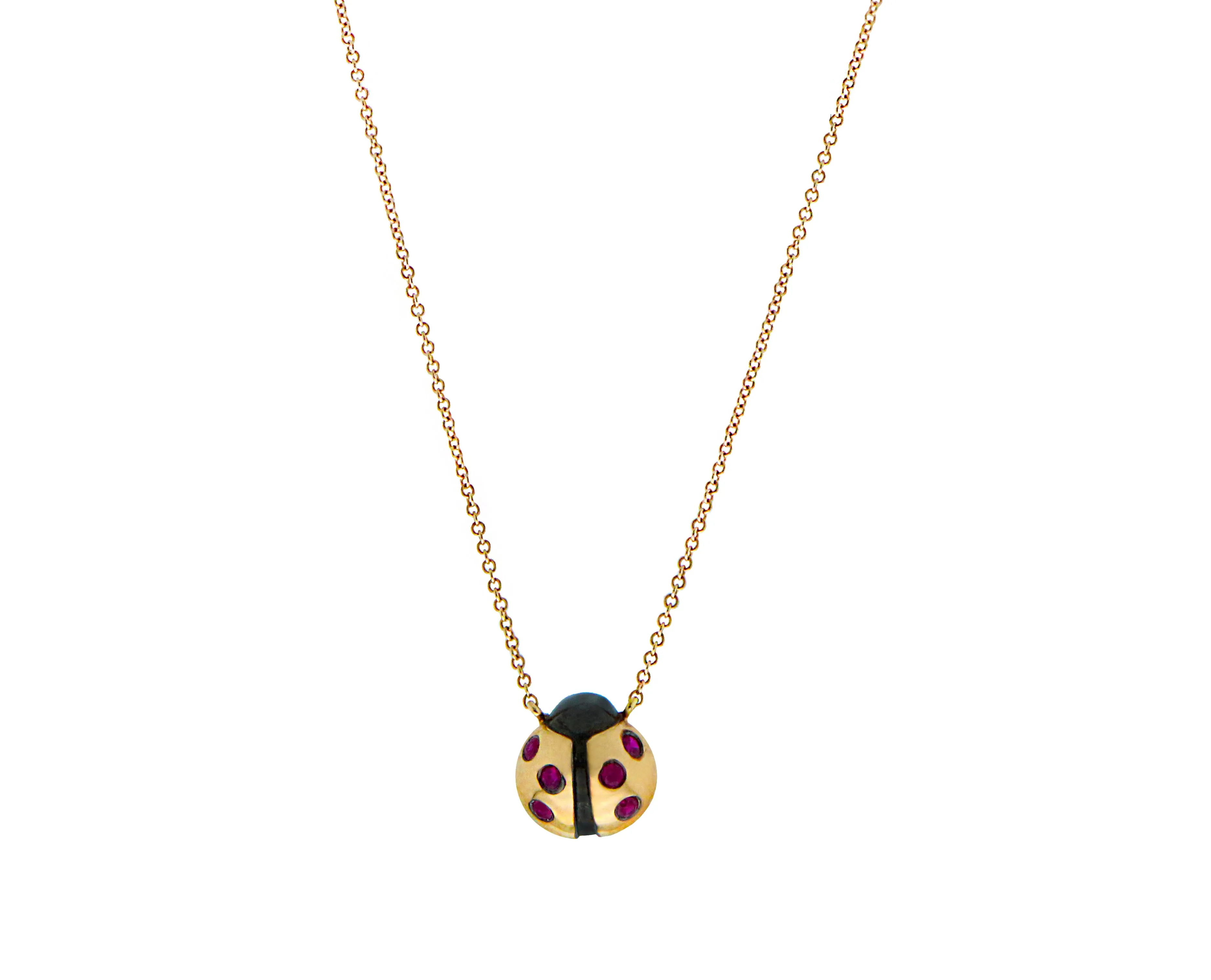 Rose gold necklace ladybug charm with ruby