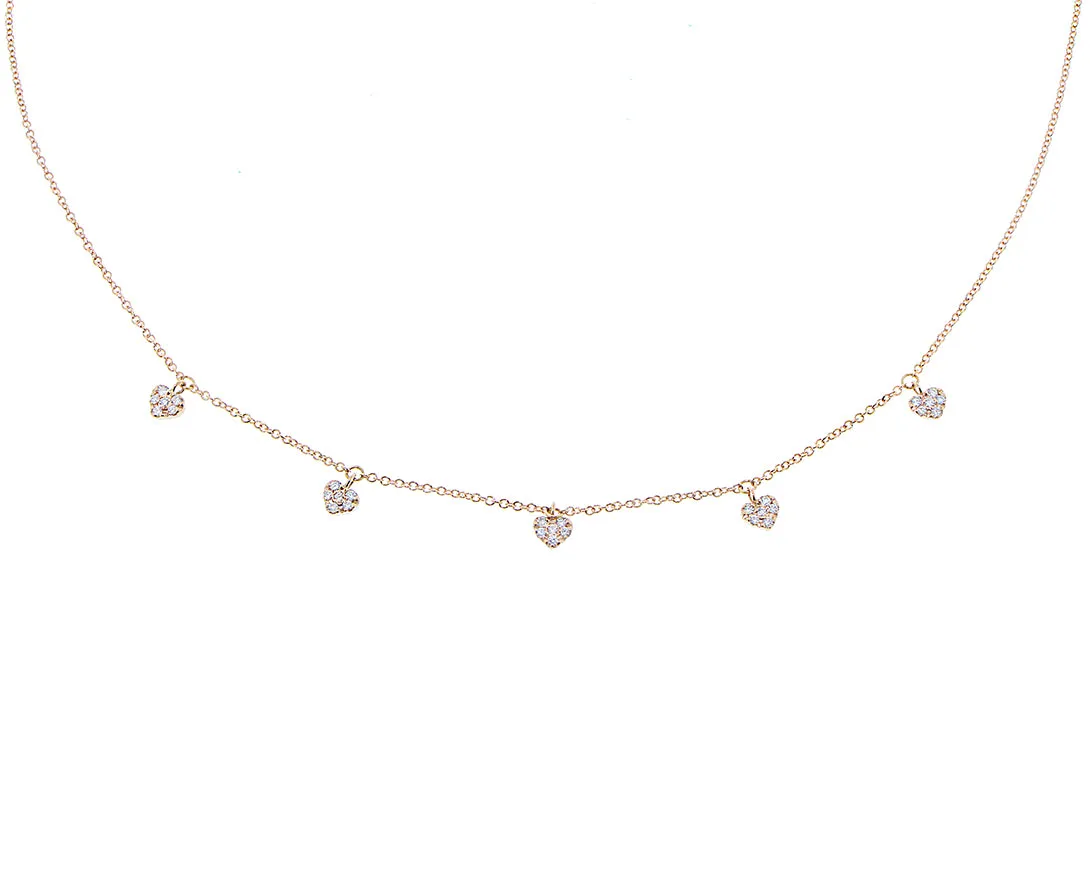 Rose gold necklace with 5 diamond heart charms