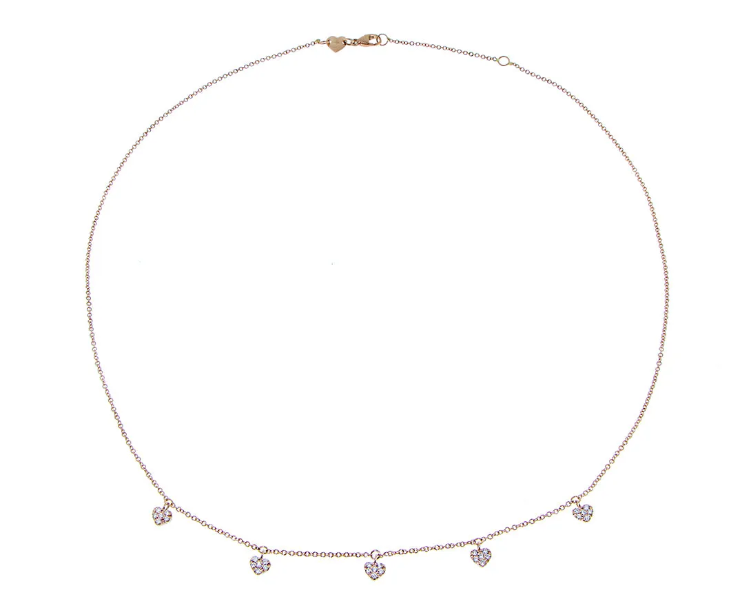 Rose gold necklace with 5 diamond heart charms