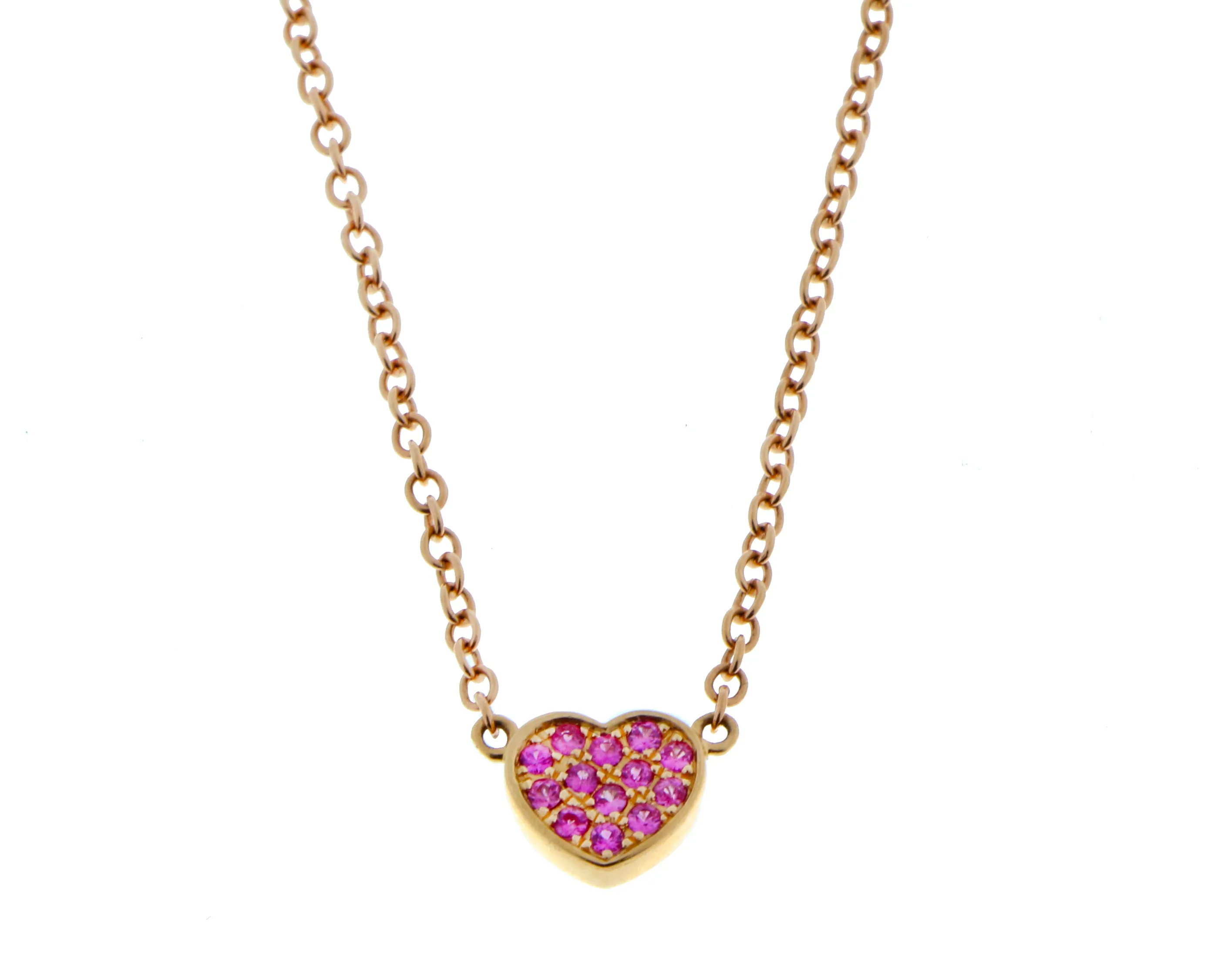 Rose gold necklace with a diamond and pink sapphire heart