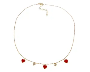 Rose gold necklace with diamond and red enamel heart charms