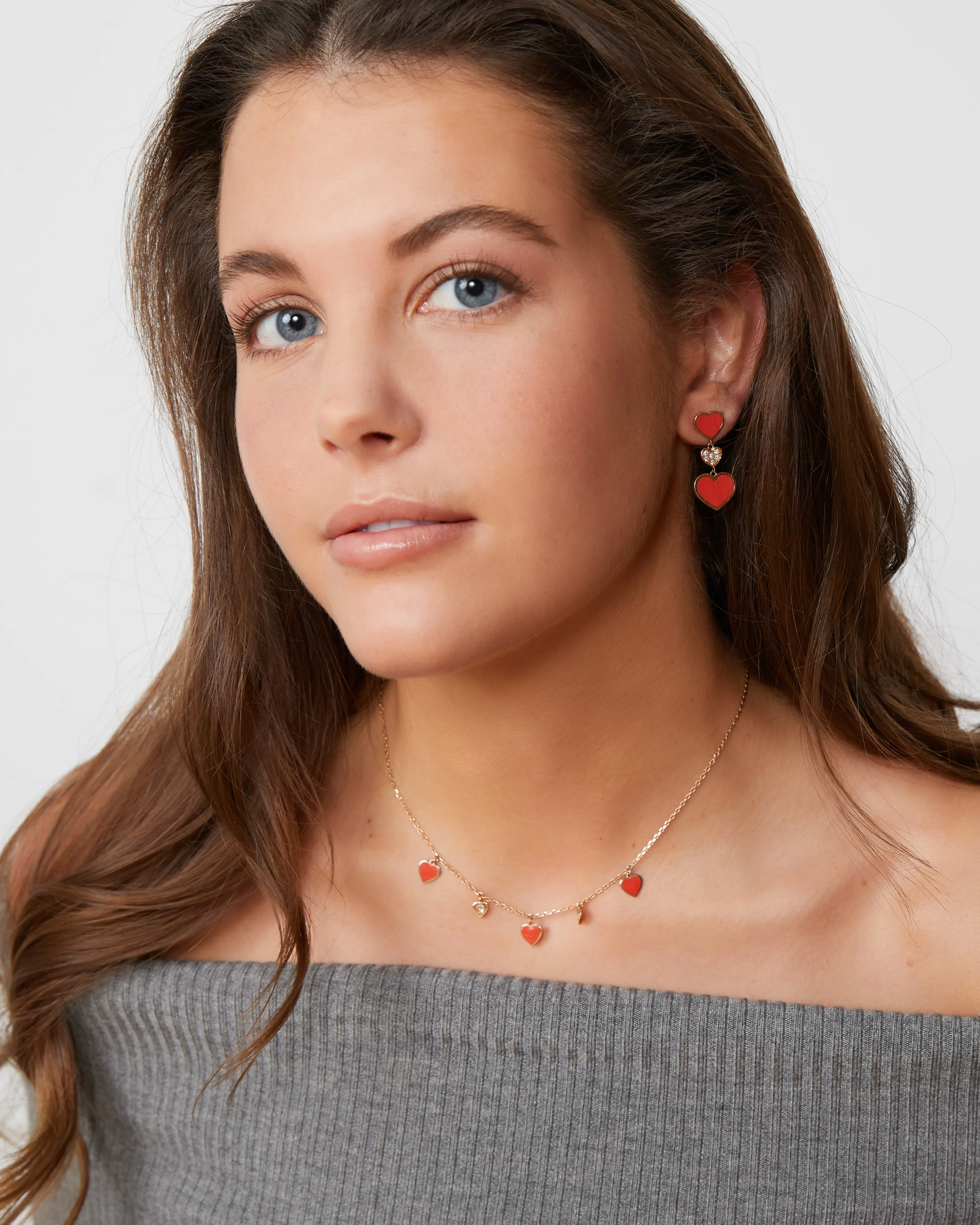 Rose gold necklace with diamond and red enamel heart charms