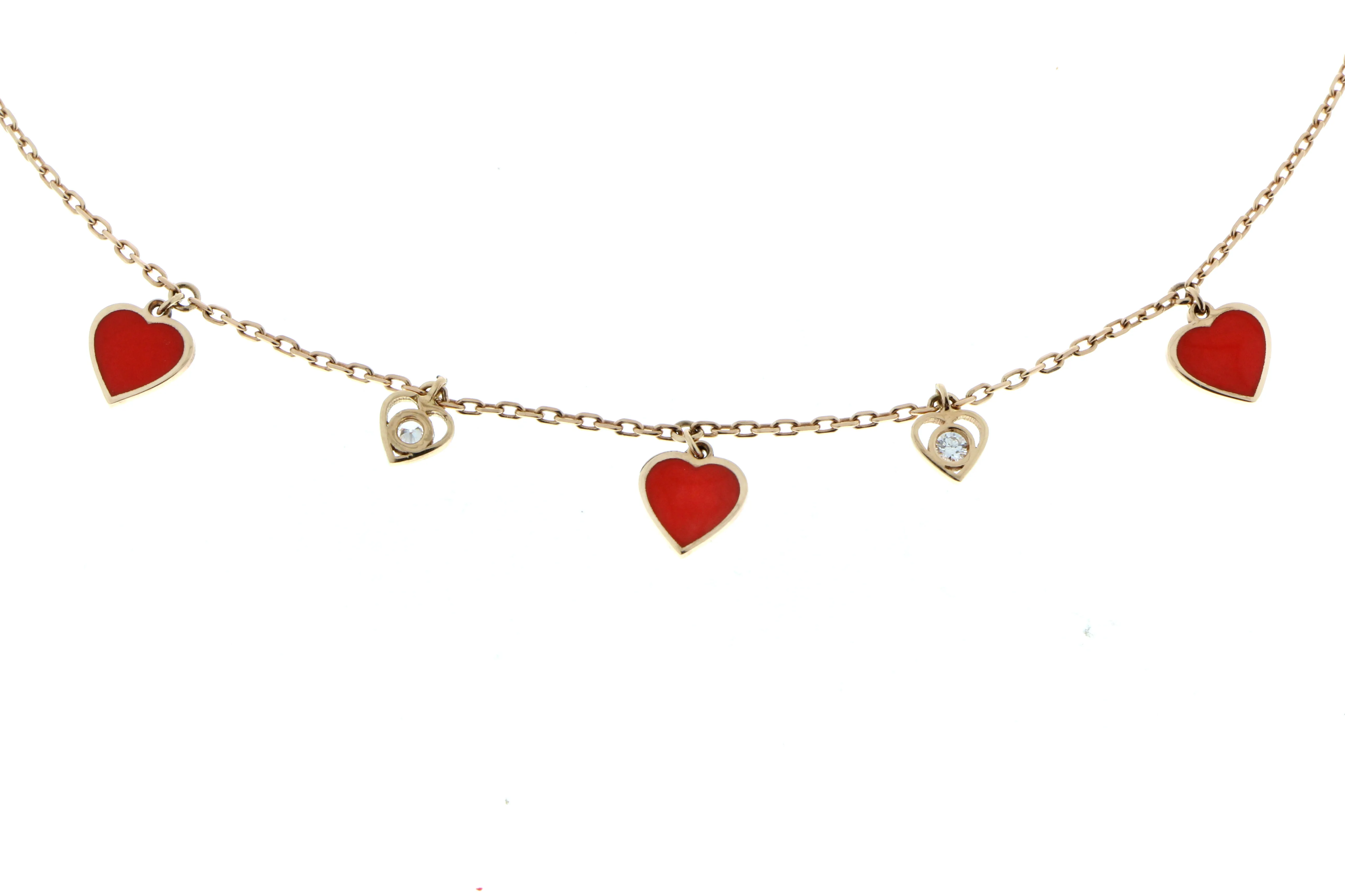 Rose gold necklace with diamond and red enamel heart charms