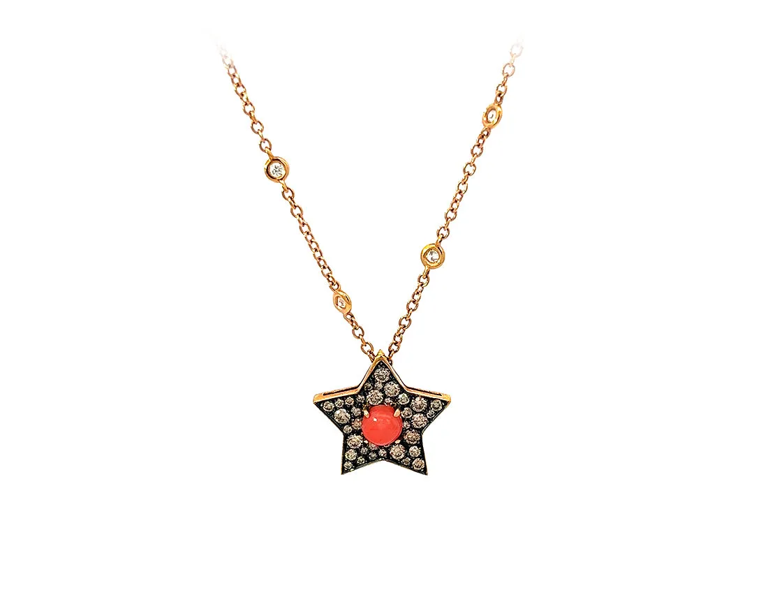 Rose gold necklace with diamonds and a coral and brown diamonds star pendant