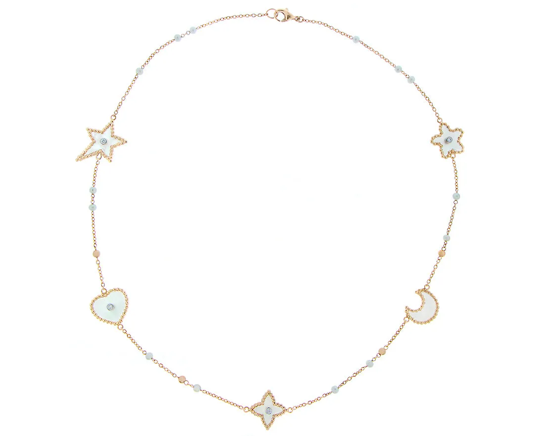 Rose gold necklace with mother of pearl or malachite and diamond charms