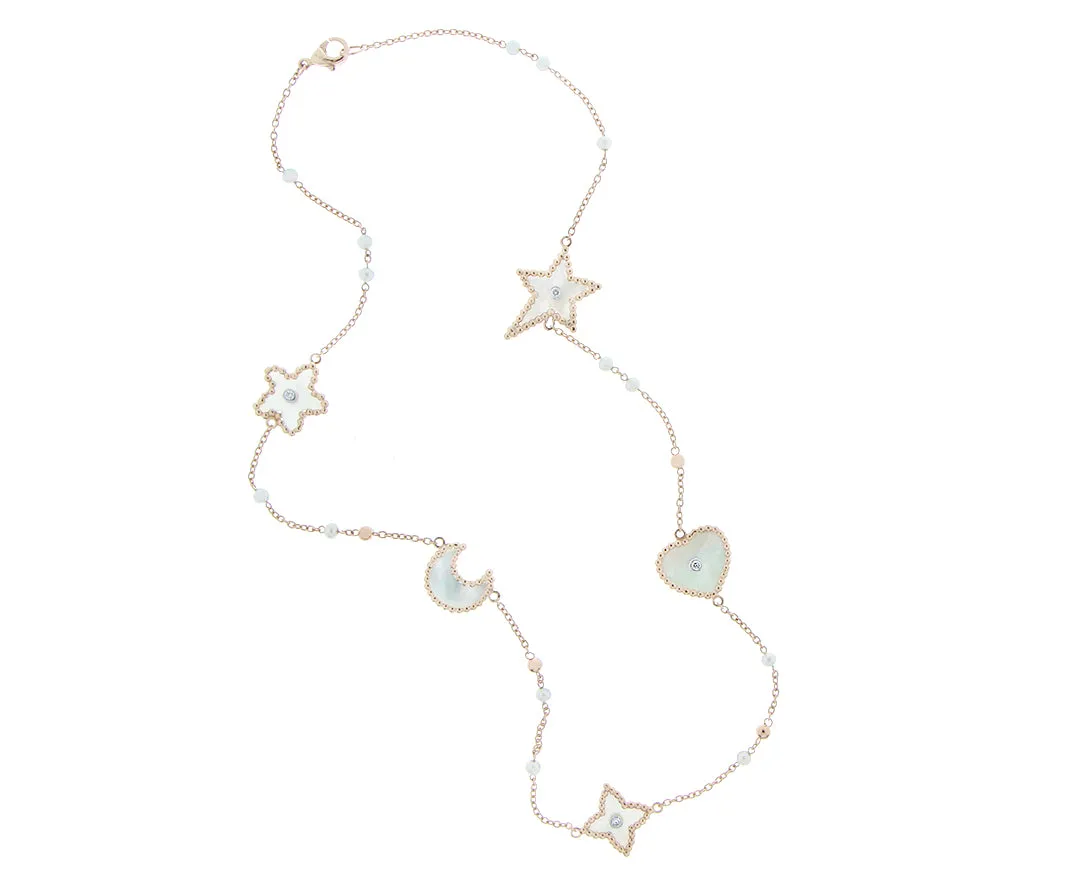 Rose gold necklace with mother of pearl or malachite and diamond charms