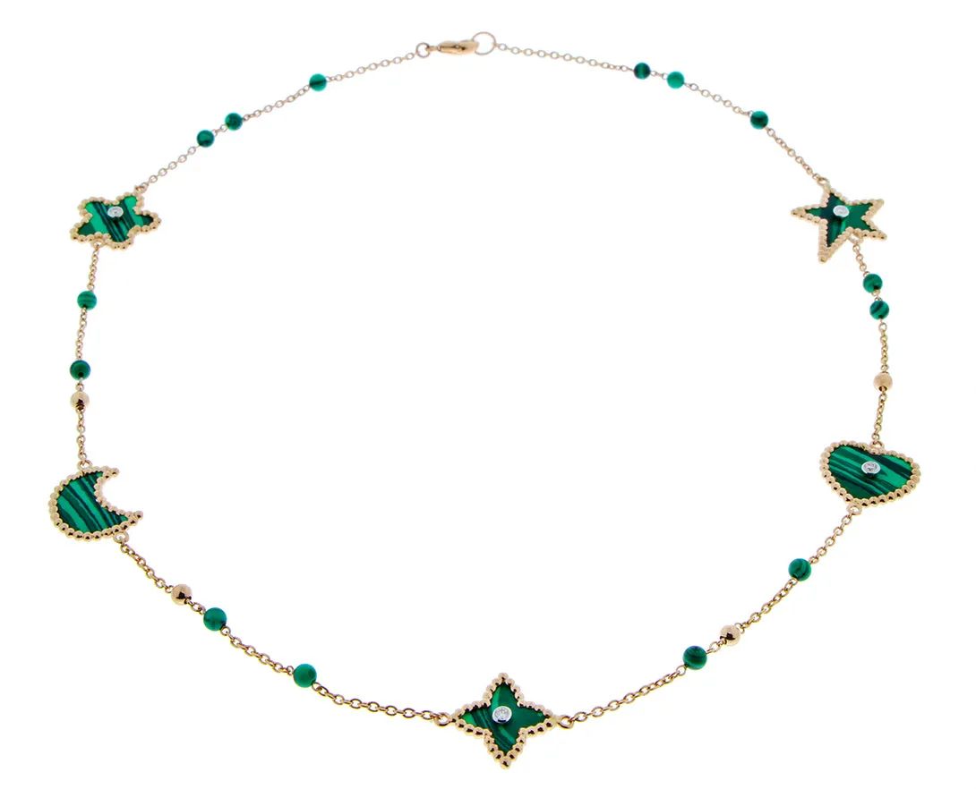 Rose gold necklace with mother of pearl or malachite and diamond charms