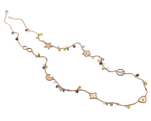 Rose gold necklace with pink gold heart, flower, clover, moon and star, set with gemstones