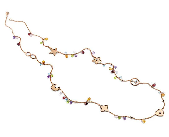 Rose gold necklace with pink gold heart, flower, clover, moon and star, set with gemstones