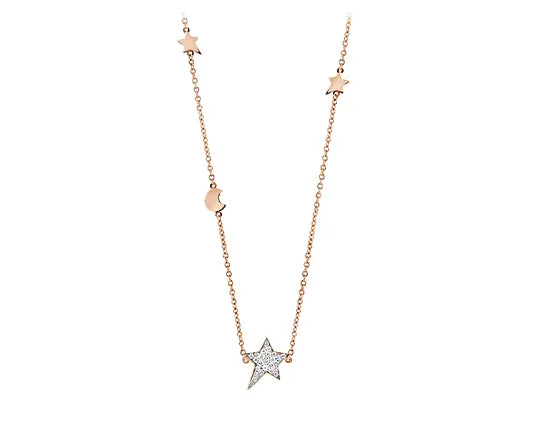 Rose gold necklace with shooting star set with diamonds and 3 small stars