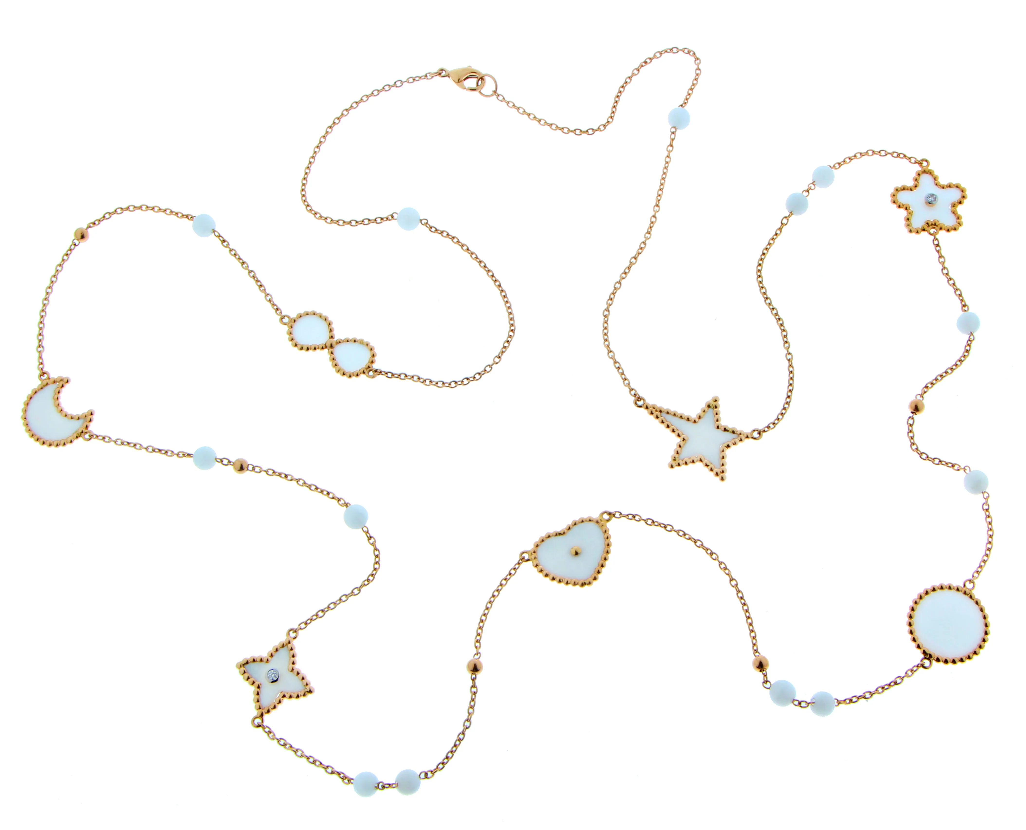 Rose gold sautoir with white agate and diamond charms